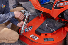 Load image into Gallery viewer, An example of how the 14oz Mini Pistol Grip Grease Gun can be used to grease various points on a commercial lawn tractor.
