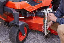 Load image into Gallery viewer, An example of how the 14oz Mini Pistol Grip Grease Gun can be used to grease various points on a commercial lawn tractor.
